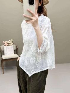 Babakud Women Lace Stitch Ramie T-Shirt Spring V-neck Cotton Lace Top, Summer Embroidered Tops With 3/4 Sleeves, Casual Embroidered Top With 3/4 Sleeves, Short Sleeve Cotton T-shirt With Lace Trim, Spring Cotton T-shirt With Lace Trim, Hooded Dress, Summer Color, Vest Shirt, Spring Summer Dress