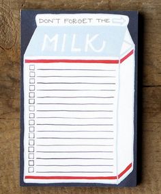 a notepad with a milk carton on it that says don't forget the milk