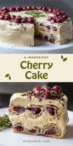 a cake with cranberries on top and the words, 4 ingredient cherry cake