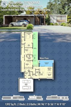 the floor plan for this modern home is very large and has two car garages