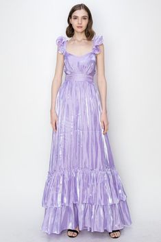 Lavender Shimmery Woven Ruffle Shoulder Tiered Maxi Dress Elegant Lavender Maxi Dress With Ruffles, Feminine Lavender Maxi Dress With Ruffles, Fitted Lavender Midi Dress With Ruffles, Elegant Purple Ruffle Dress, Chic Lavender Midi Dress With Ruffles, Purple Ruffled Midi Dress For Garden Party, Lavender Midi Dress With Ruffles, Purple Maxi Dress Outfit, Maxi Dress Outfit Summer