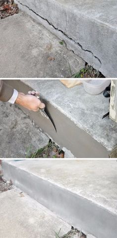 someone is cutting concrete with scissors on the steps