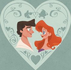 ariel and prince from disney's the little mermaid in front of a heart shaped frame