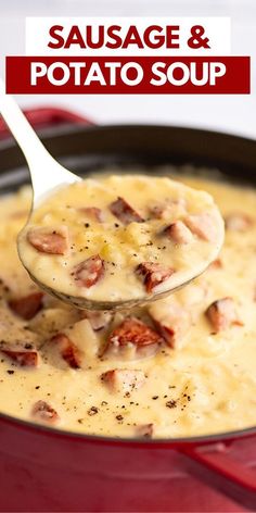 sausage and potato soup in a red pot with a ladle full of the soup