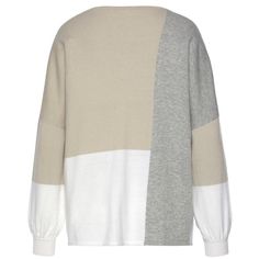 The LASCANA Women's Color Block Sweater is the perfect blend of style and comfort, designed to keep you warm and cozy throughout the seasons. Featuring a chic color block pattern, this sweater is crafted from soft, 100% Sustainable Cotton, offering a gentle touch and high-quality feel. The round neckline and slight gathering at the cuffs add a classic, relaxed fit, while the dropped shoulders provide a laid-back yet stylish look. With a loose fit that runs large, this sweater is both comfortable Winter Color Block Sweatshirt For Loungewear, Trendy Color Block Sweater For Loungewear, Cozy Patchwork Sweater For Layering, Fall Cream Patchwork Sweater, Color Block Crew Neck Sweater For Loungewear, Cozy Winter Color Block Tops, Cozy Color Block Winter Tops, White Knit Color Block Cardigan, Oversized Contrast Color Top For Winter