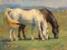 a painting of two horses grazing in a field