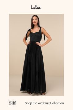 Capture the attention of any cutie in the room with a charming number like the Lulus Attentive Elegance Black Tie-Strap Bustier Pleated Maxi Dress! Lightweight woven fabric (with a subtle sheen throughout) shapes this sweet gown that features a bustier-inspired bodice with seamed cups and a sweetheart neckline, all supported by long tying straps. The high, fitted waist tops a flowy, pleated A-line skirt that gracefully falls to a sweeping maxi hem. Hidden back zipper/clasp. Fit: This garment fit Knot Tie Dress, Pleated Maxi, Bridal Party Dresses, Pleated Maxi Dress, Dress 100, Tie Dress, Corset Dress, Trending Dresses, Black Tie