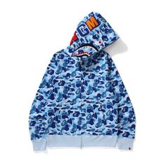 Blue Bape Camo Hoodie Size Medium Never Worn Shark Head, Camo Shirt, Hooded Jacket, Vintage Y2k, Camo, Zipper, Blue