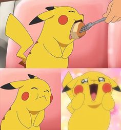 pikachu is eating something out of a spoon