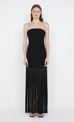 Wilder Fringe Dress in black by Bec + Bridge Formal Fitted Dress With Tassels, Elegant Tasseled Evening Dress, Elegant Fringe Dress For Gala, Elegant Strapless Dress With Fringe, Elegant Strapless Fringe Dress, Elegant Fringe Cocktail Evening Dress, Cocktail Evening Dress With Fringe, Elegant Fringe Dresses For Formal Occasions, Sleeveless Fringe Evening Dress