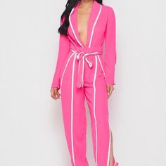 Hot/ Fuchsia White Piping Details Opening On The Leg Tied Waist Belt Tied Ankles Long Sleeves 100% Polyester 100% Polyester Lining Trendy Pink Jumpsuit For Work, Chic Pink Jumpsuit With Tie Waist, Chic Pink Jumpsuits And Rompers With Tie Waist, Red High, Lace Ruffle, White Long Sleeve, Waist Belt, Piping, Pink Ladies