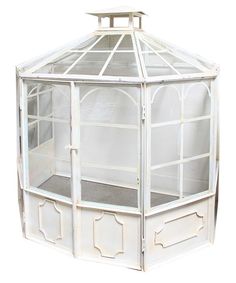 a white wooden gazebo with glass windows on the top and bottom part, isolated against a white background