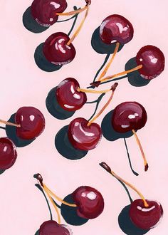 a painting of cherries with sticks sticking out of the top, on a pink background