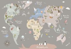 the world map with animals and trees on it's gray background is shown in pastel colors