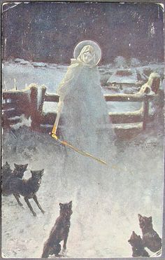 a painting of a woman in white walking her dogs through the snow with an umbrella over her head