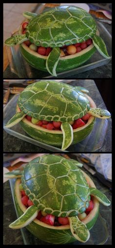 a turtle made out of watermelon and tomatoes