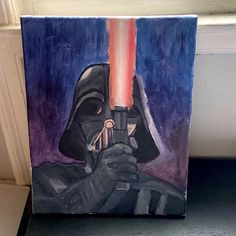 a painting of darth vader holding a red light saber in his right hand