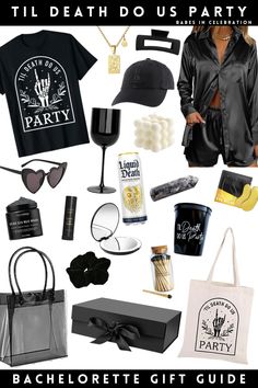 a bunch of items that are on top of a poster with the words bachelorette gift guide