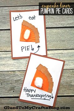 two pumpkin pie cards with the words happy thanksgiving written on them