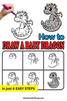 Drawing Dragons Easy Step By Step, Baby Dragon Drawing, Dragon Drawing Easy, Baby Dragons Drawing, Cute Baby Dragon, Easy Dragon Drawings, Easy Christmas Drawings, Beginner Drawing Lessons, Alice In Wonderland Drawings