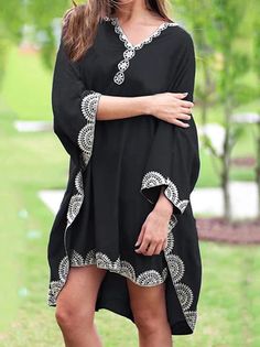 Lacy Plus Size Loose Flared Sleeves Cover-ups - rrdeye Black V-neck Top For Beach, Summer V-neck Tunic For Festivals, Black Bohemian V-neck Tunic, Black V-neck Bohemian Tunic, Black Split Neck Tops For Summer, Black Split Neck Top For Summer, V-neck Tunic For Beach Season, Black V-neck Tunic For Vacation, Black V-neck Beach Top