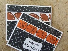 two birthday cards with basketballs on them and the words happy birthday written in white