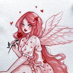 a drawing of a fairy holding a rose