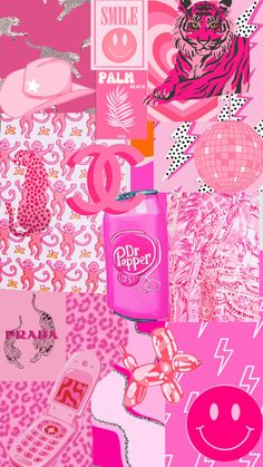 a collage of pink and white items with different designs on them, including an image of a woman's face