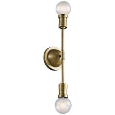 an antique brass finish wall light with two glass globes on each arm and one bulb