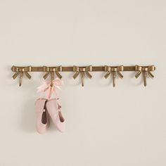 a pair of ballet shoes hanging on a wall