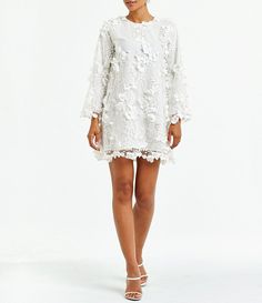 Mestiza New York 3D Floral Lace Embellished Mesh Crew Neck Long Flare Sleeve Shift Mini Dress | Dillard's White Long Sleeve Embroidered Dress With Floral Print, White Floral Applique Mini Dress For Spring, White Embellished Long Sleeve Mini Dress, Elegant White Mini Dress With Floral Applique, White Embroidered Long Sleeve Mini Dress, Shift Mini Dress, Jewel Neck, Mini Shift Dress, Dillard's