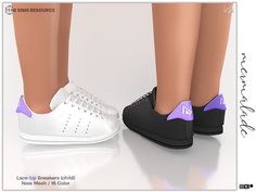 two pairs of white and black shoes with purple accents on the soles are standing next to each other