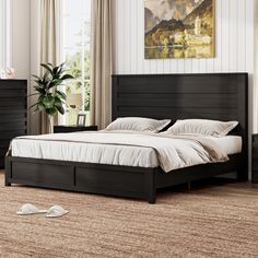 PRICES MAY VARY. [Unique Design] With overlapped slatted headboard & footboard, the tall headboard bed looks like a solid wood bed. Widened and thickened headboard makes it stylish and safe. [Farmhouse Style] Rustic wood bed frame is covered by engineered wood that effectively hides the exposed metal. Natural woodgrain is perfect for a modern or farmhouse-style bedroom and looks good from every side. [Superior Performance] The platform bed frame's thick side rails keep the mattress from moving a Dark Wood Platform Bed Frame, Black King Bed Frame, Farmhouse Queen Bed, Rustic Wood Bed Frame, Rustic Wood Bed, Bed Frame No Box Spring, Farmhouse Headboard, Steel Bed Frame, Headboard Bed