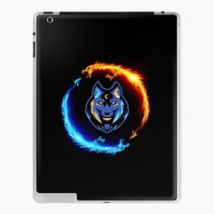 a blue and orange wolf with flames on it's face ipad case / skin