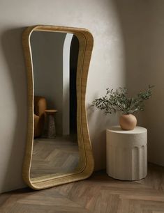 a large mirror sitting on top of a wooden floor next to a vase with a plant in it