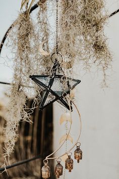 a star hanging from the side of a building with plants growing out of it's sides