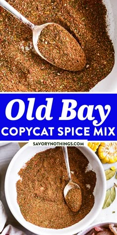 an old bay copycat spice mix in a white bowl with spoons next to it