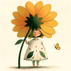 a drawing of a girl holding a large sunflower