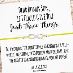 a yellow string bracelet with an inspirational quote on it and the words dearborns son, if i could give you just three things