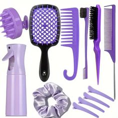 a purple hairbrush, combs, and other items are arranged on a white background