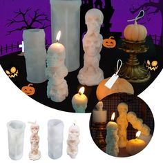 halloween candles are arranged in front of a purple background with pumpkins and ghost figures