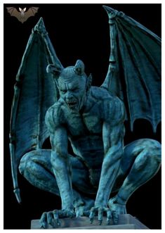 a statue of a demon sitting on top of a stone block with his hands in his pockets