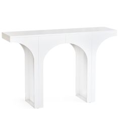 a white console table with an arch design on the top and bottom, against a white background