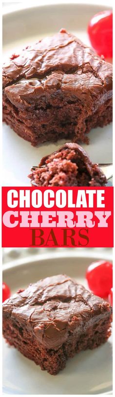 chocolate cherry bars on a white plate with the words chocolate cherry bars in red lettering