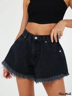 Olivia Mark - Vintage Washed Denim Shorts with Flared Fringed Hem - Womens Jeans Black Denim Shorts With Pockets, Black High Waist Summer Jeans, Black High Waist Jeans For Summer, High Waist Black Summer Jeans, High Waist Black Jeans For Summer, Black Denim Jean Shorts For Summer, Black Denim Bottoms For Spring, High Waist Black Denim Bottoms, Black High Waist Denim Shorts