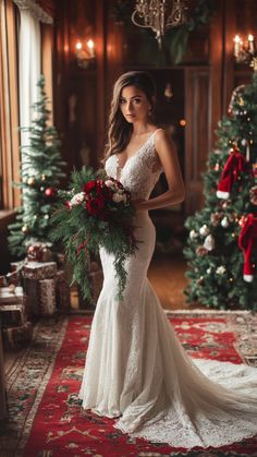 A stunning bride in a beautifully decorated Christmas wedding venue with festive decorations, cozy winter attire, and seasonal bouquets, capturing the magical spirit of a holiday celebration. Wedding Ideas Christmas Winter, Red December Wedding, Christmas Wedding Picture Ideas, Christmas Vow Renewal Ideas, Christmas Beach Wedding, Christmas Wedding Arch Ideas, Christmas Wedding Photos