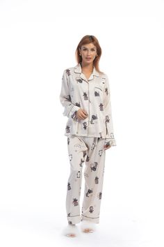 This lightweight pajamas set is made of lightweight silky satin, soft, breathable and skin-friendly, help you have a sound sleep. Material: Cute Animal Print White Silky Satin Pajamas Set is made of 95%POLYESTER 5%SPANDEX Color: White Size: S, M, L, XL *We recommend taking measurements before ordering lingerie. Different lingerie brands use different size charts, if you want the lingerie set to fit perfectly, please check the size chart below This Pajamas includes: Silky Long-sleeve V-neck Top S Satin Pajamas Set, Silk Pajamas Women, Pyjama Satin, White Pajamas, Lingerie Brands, Satin Pyjama Set, Satin Pajamas, Silk Pajamas, Elastic Waist Pants