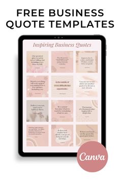 an ipad with the text free business quote templates on it, and a pink background