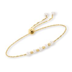 Ross-Simons - 3-3.5mm Cultured Pearl Bolo Bracelet in 14kt Yellow Gold. RS Pure. Modern designs that complete your outfit and complement your personality. Indulge in the effortless elegance of pearls every day with this bolo bracelet. It boasts 3-3.5mm cultured freshwater pearls that alternate with 14kt yellow gold beads on a Singapore chain. Adjusts to fit up to an 8" wrist. White pearl bolo bracelet. Pearl birthstones are the perfect gift for June birthdays. Pearl Birthstone, Bolo Bracelet, June Birthday, Bracelet Pearl, Freshwater Cultured Pearls, Effortless Elegance, White Pearl, Cultured Pearls, Gold Beads