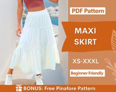 a woman in a red top and white skirt with text overlay that reads, maxi skirt xs - xxl beginner friendly